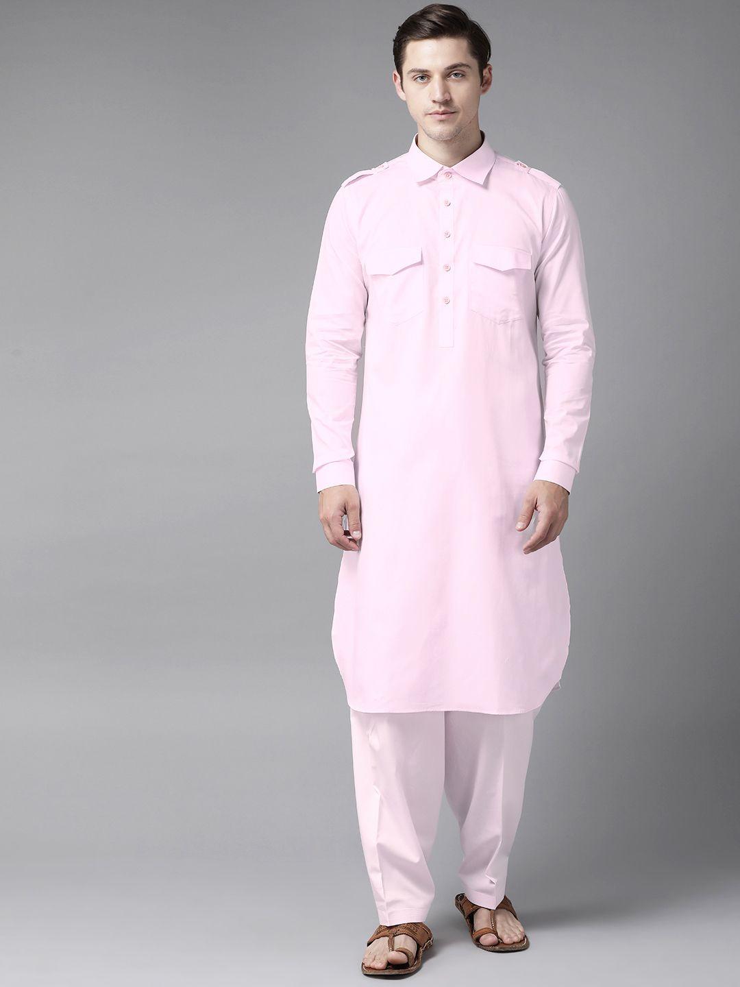 see designs men pink pure cotton solid pathani kurta with salwar