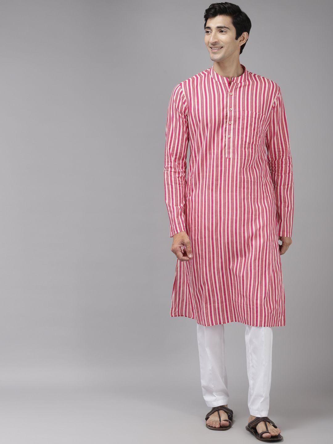 see designs men pink striped pure cotton kurta with trousers