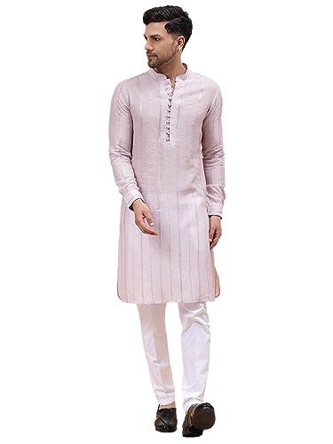 see designs men pink zari wark silk woven design staright kurta with pajama_sdskt128301m