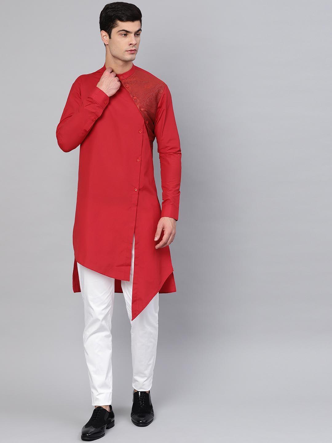 see designs men red & white printed kurta with trousers