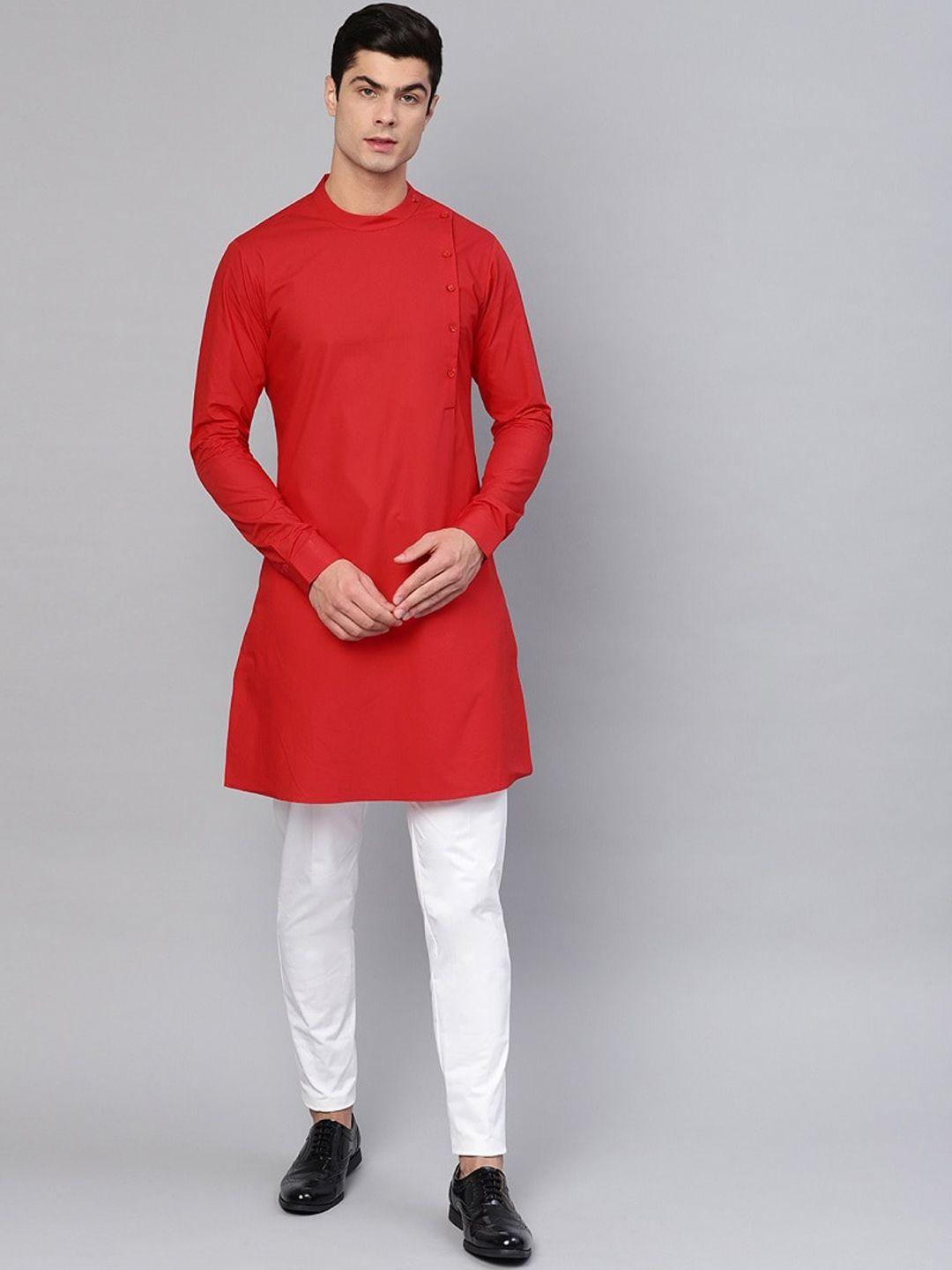 see designs men red flared sleeves thread work asymmetric kurta