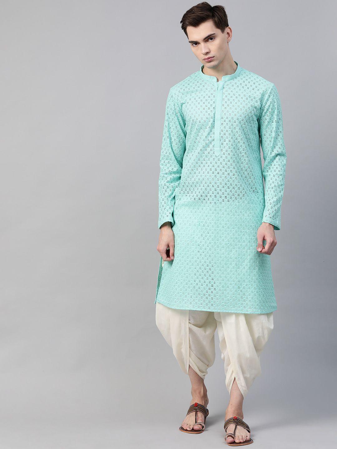 see designs men sea green pure cotton chikankari embroidered straight kurta