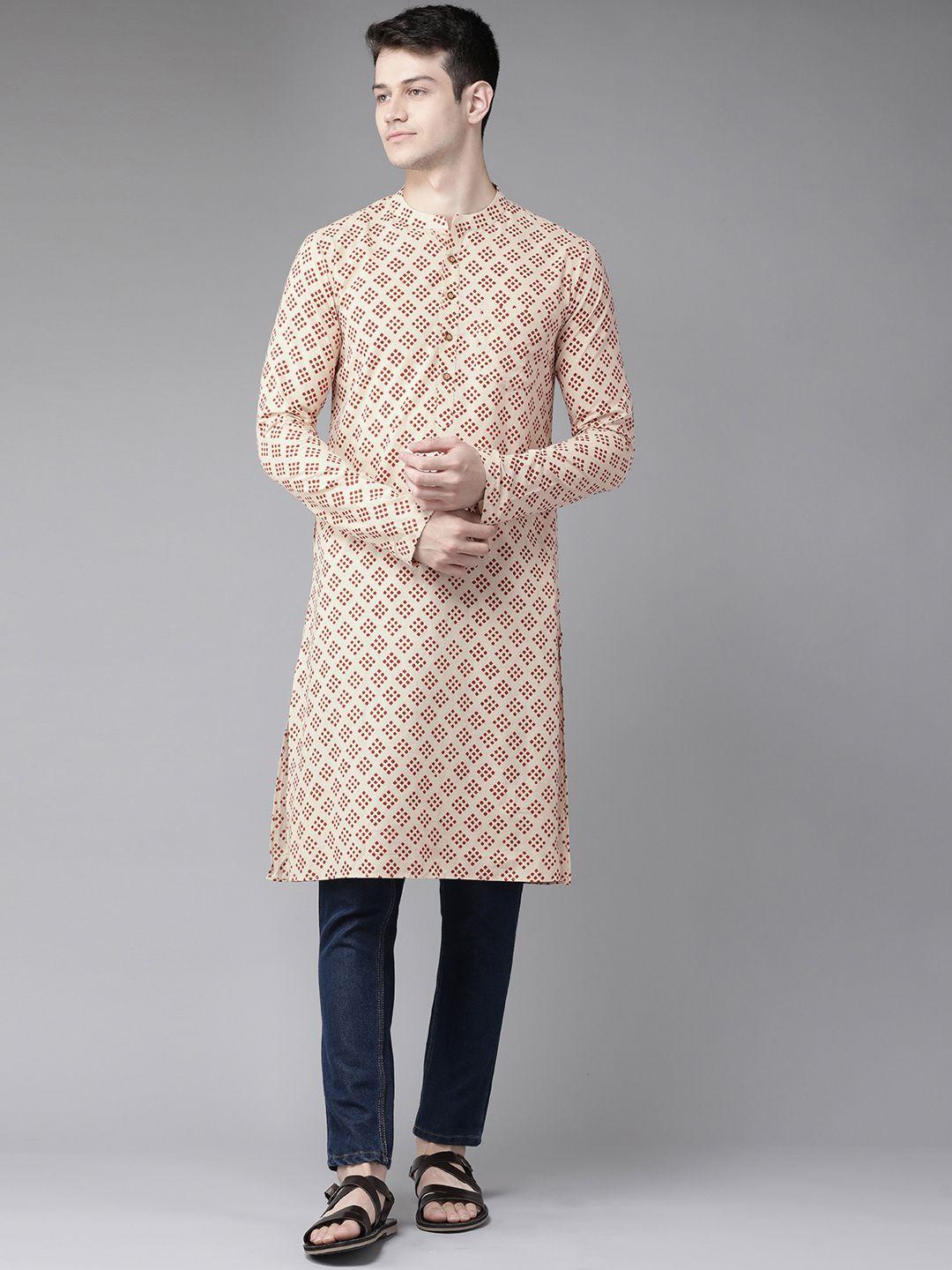 see designs men sustainable cream-coloured & maroon hand block print handloom kurta