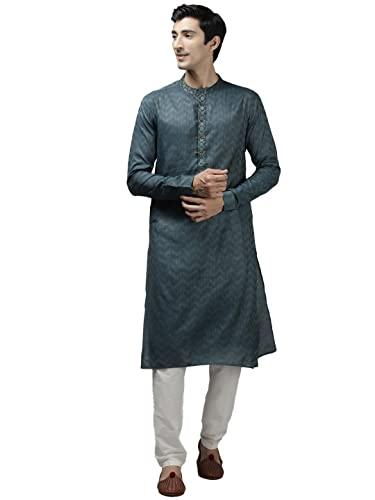 see designs men teal & beige woven design thread work kurta with pyjama - sdkt105201l (l)