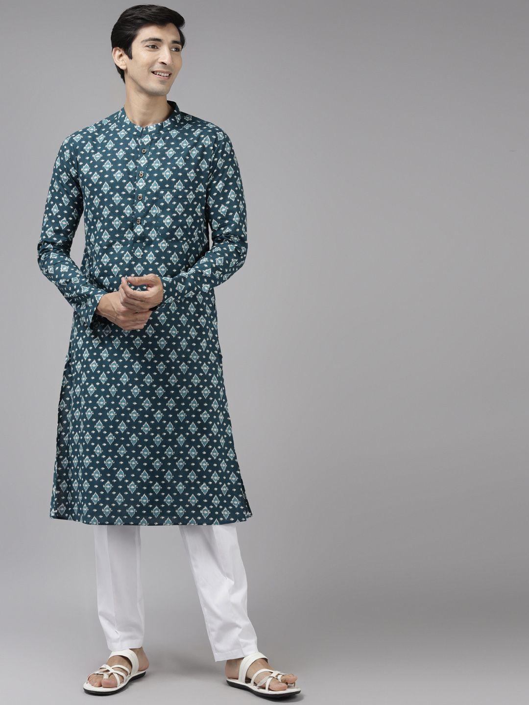 see designs men teal blue ethnic motifs printed pure cotton kurta with trousers