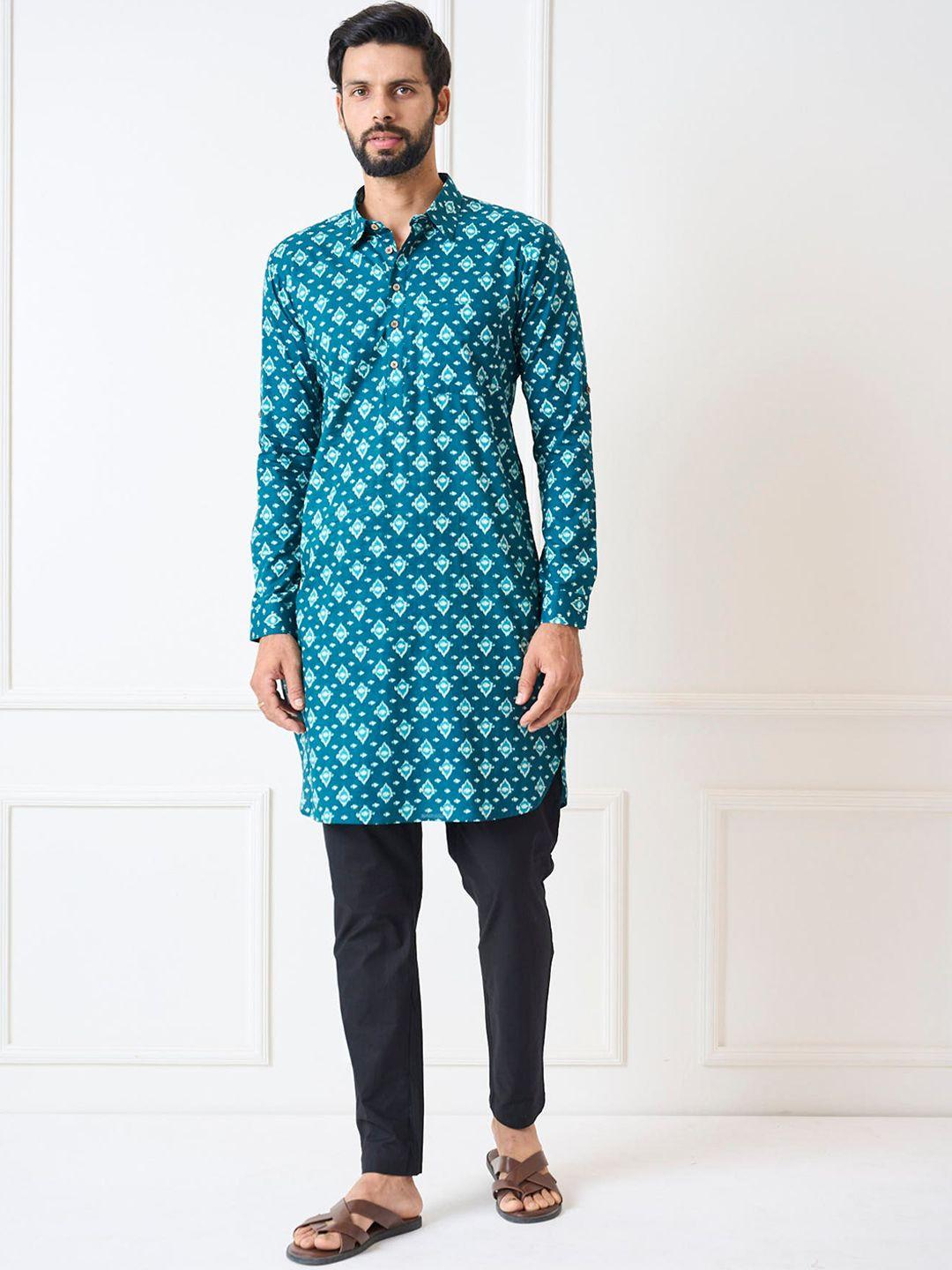 see designs men teal ethnic motifs printed regular pure cotton kurta with pyjamas