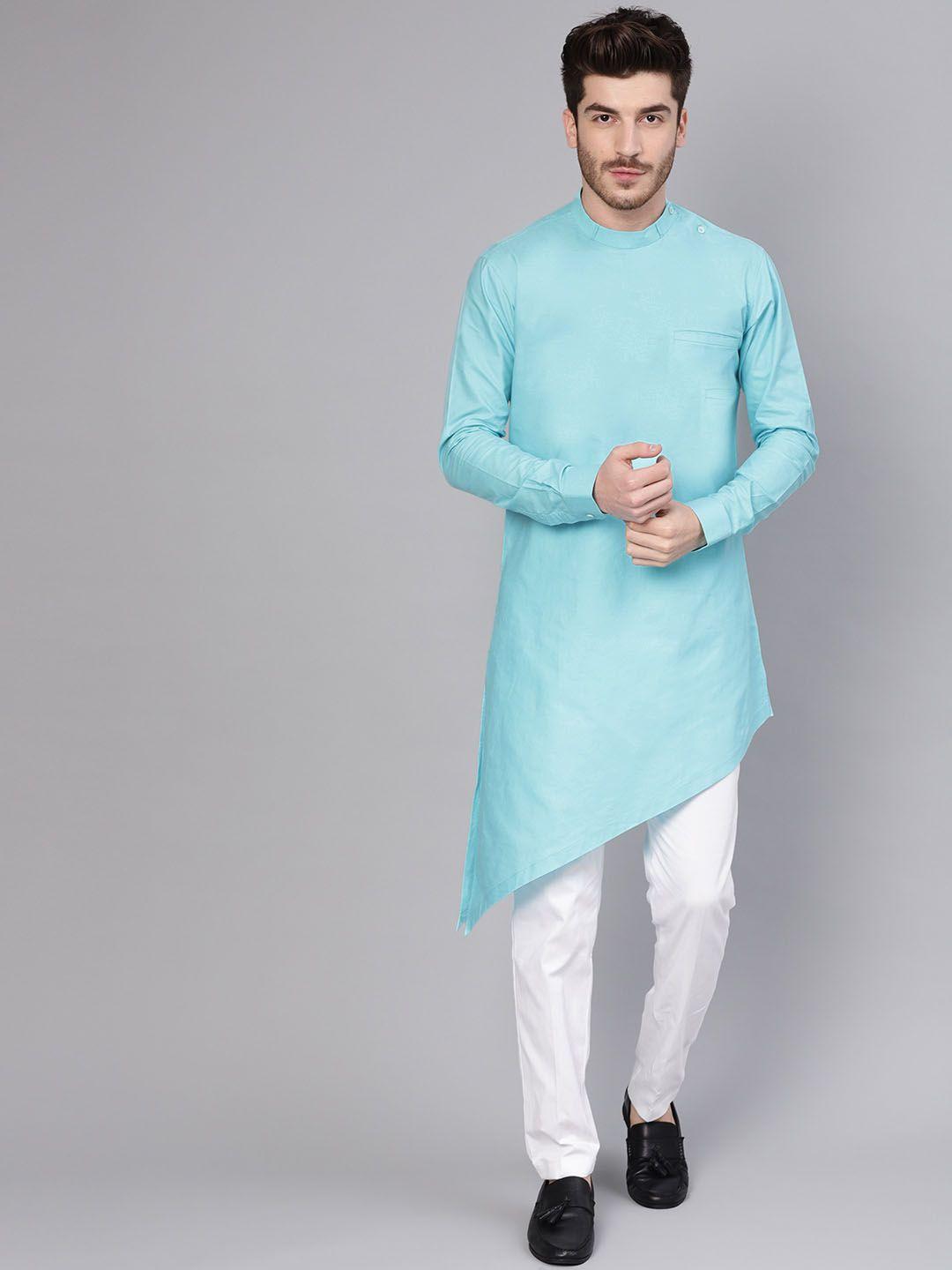 see designs men turquoise blue & white solid kurta with trousers