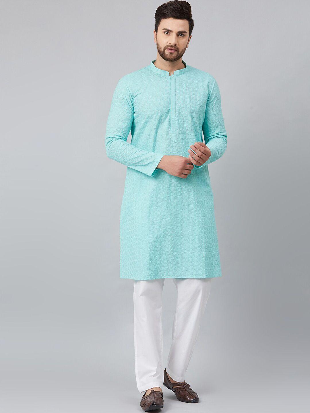 see designs men turquoise blue thread work kurta