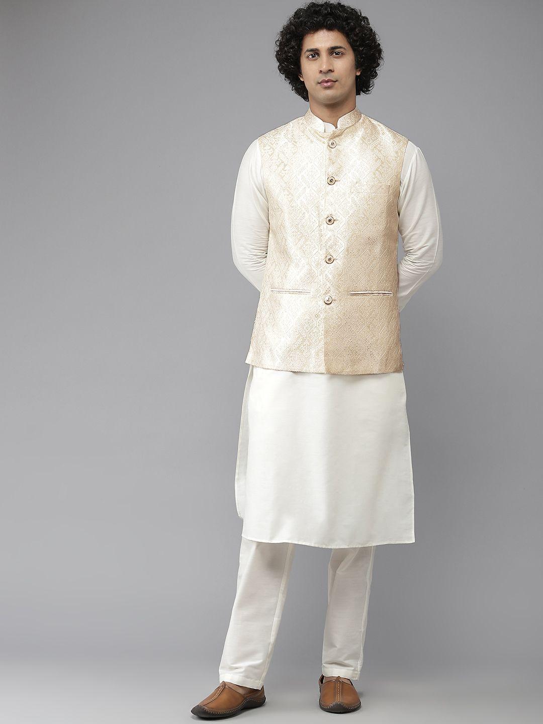 see designs men white & golden solid pure silk kurta with pyjamas & nehru jacket