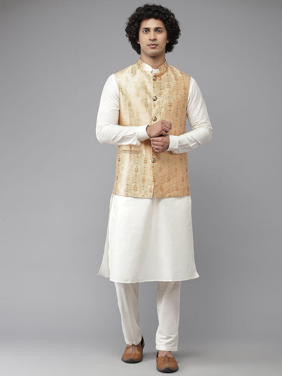 see designs men white & golden solid pure silk kurta with pyjamas & nehru jacket