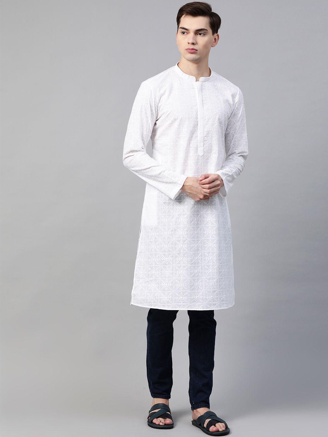see designs men white geometric embroidered chikankari pure cotton kurta