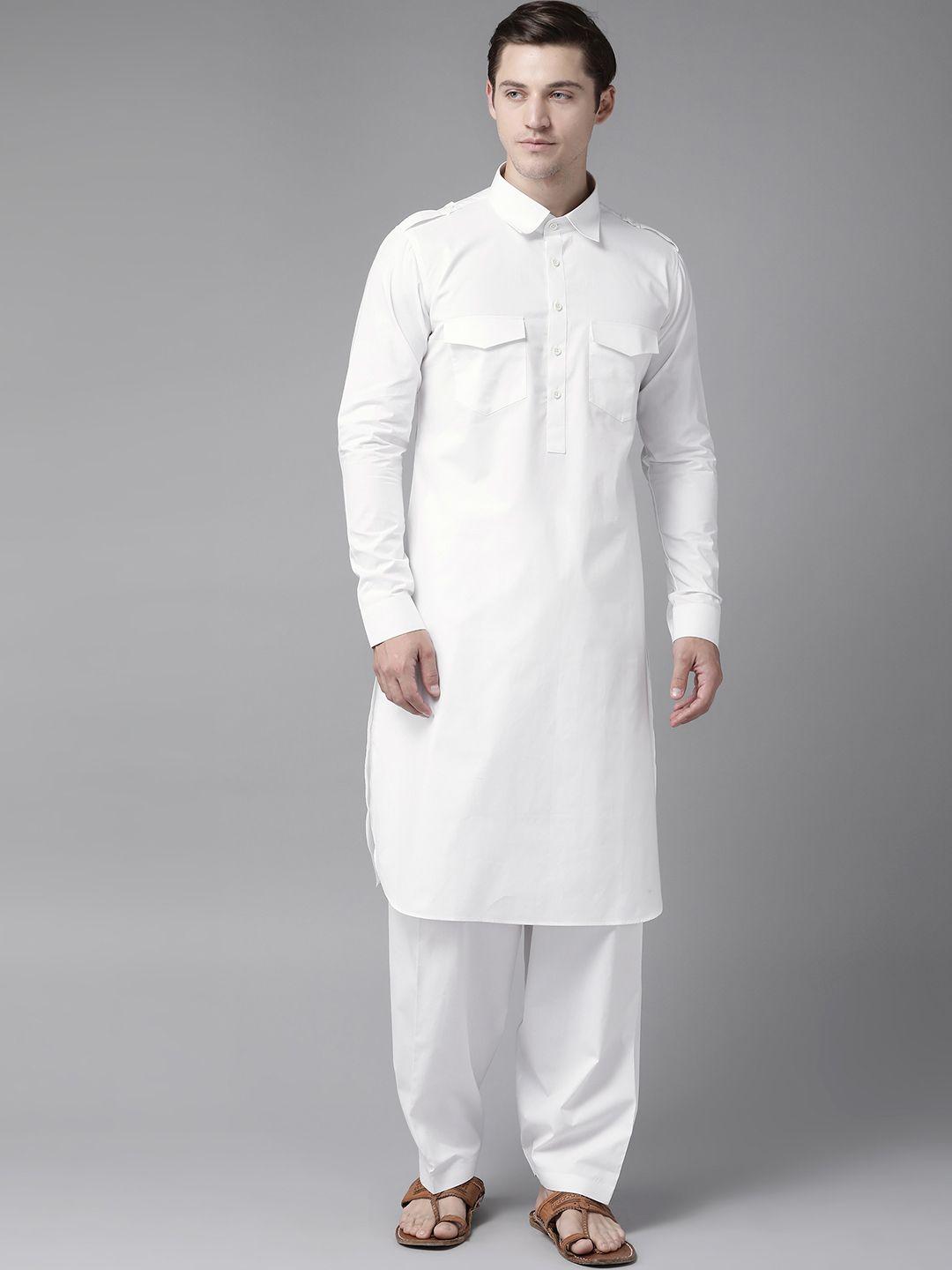 see designs men white pure cotton solid pathani kurta with salwar
