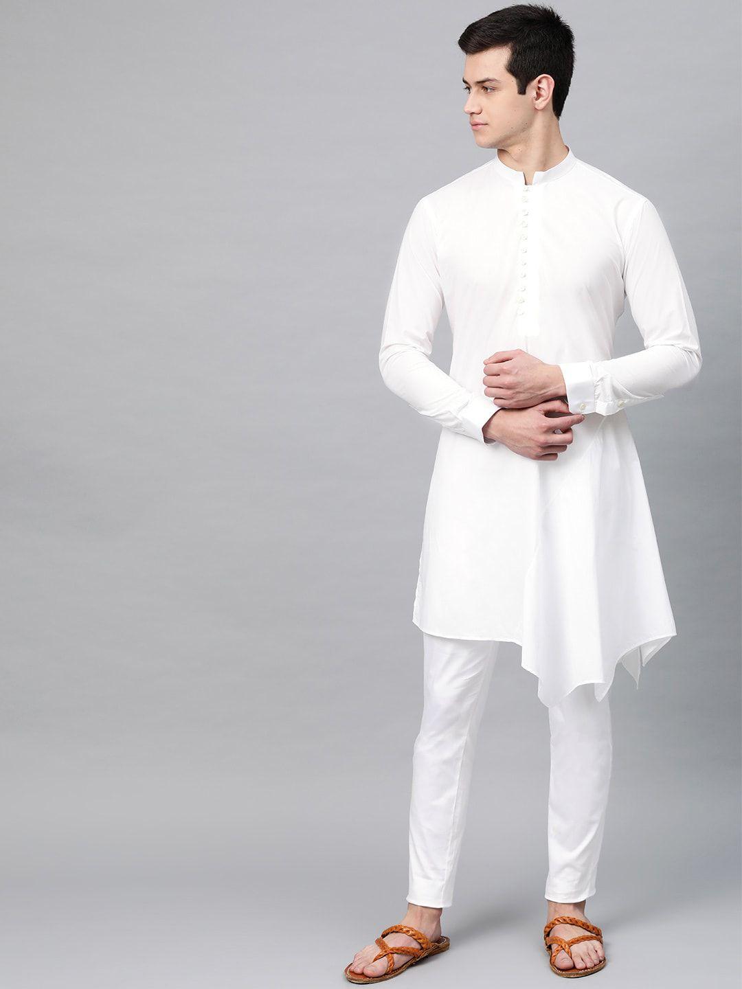 see designs men white solid gathered asymmetric straight cotton kurta with pyjamas