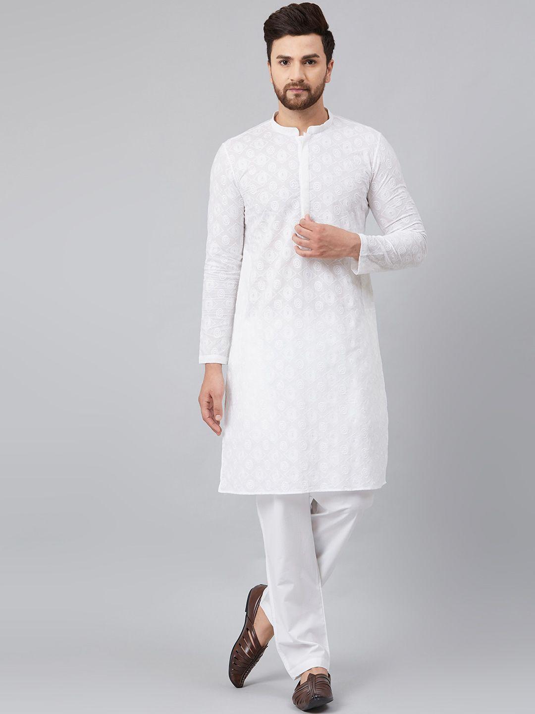 see designs men white thread work kurta