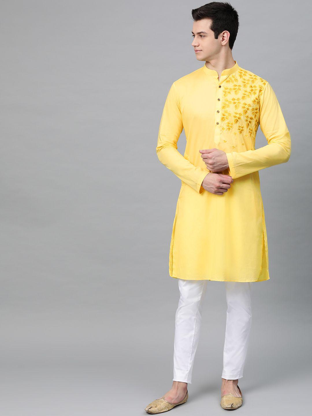 see designs men yellow & white embroidered kurta with pyjamas