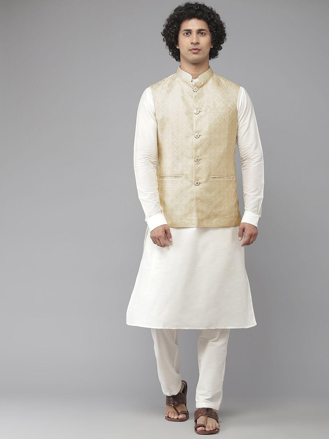 see designs men yellow ethnic motifs pure silk kurta with pyjamas