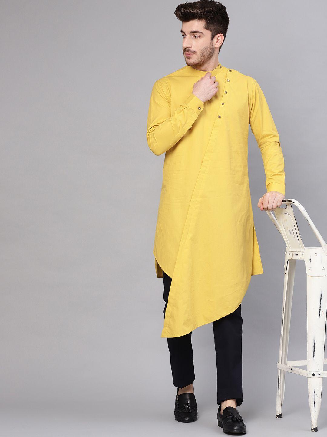 see designs men yellow solid asymmetric straight kurta