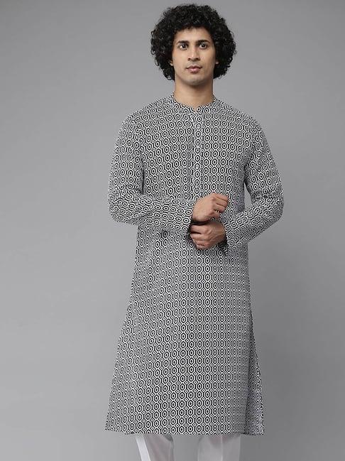 see designs navy blue cotton regular fit printed kurta