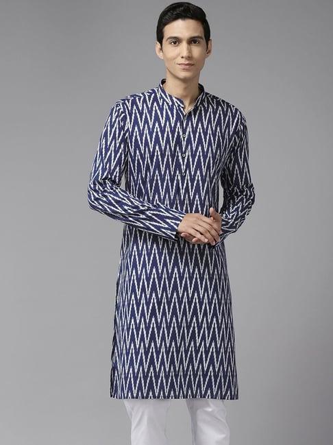 see designs navy blue cotton regular fit printed kurta