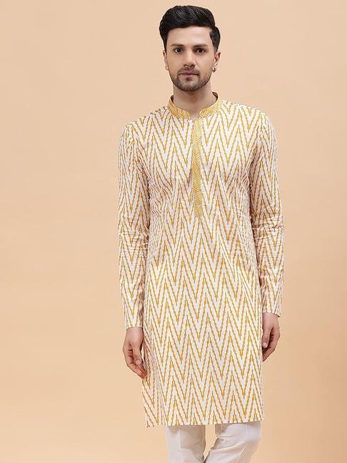 see designs off white & mustard cotton regular fit embroidered kurta