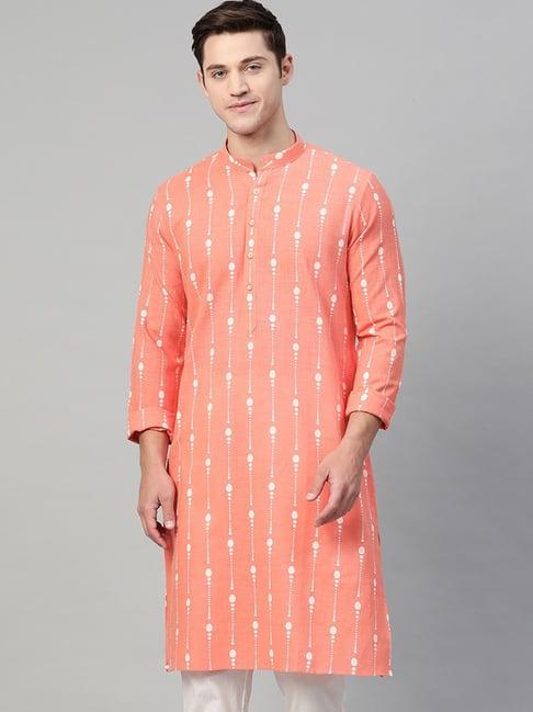 see designs peach cotton regular fit printed kurta