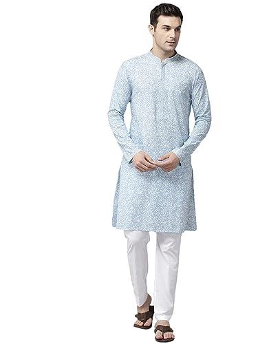 see designs sky blue & white cotton regular fit embroidered kurta set mandarin collar long sleeves_sdmekt126801l