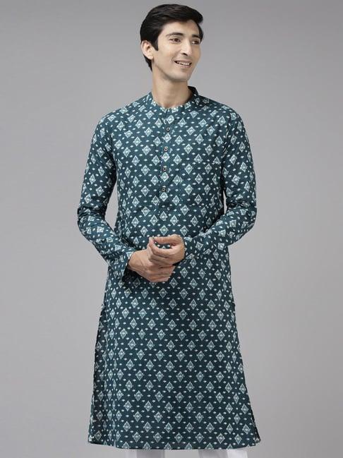 see designs teal blue cotton regular fit printed kurta