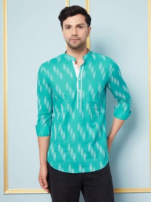 see designs turquoise cotton regular fit printed short kurta