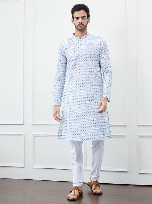 see designs white & blue cotton regular fit chikankari kurta bottom set