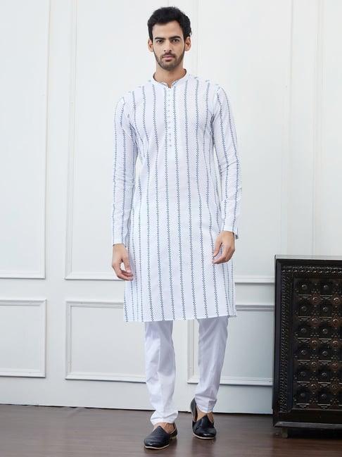 see designs white & blue cotton regular fit chikankari kurta bottom set