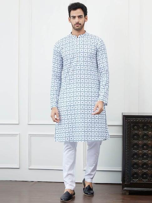 see designs white & blue cotton regular fit chikankari kurta bottom set