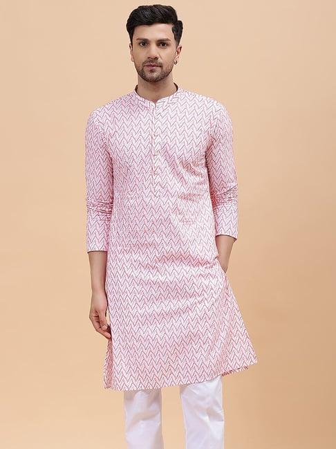see designs white & pink cotton regular fit embroidered kurta