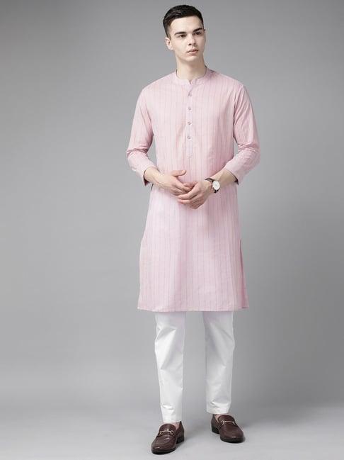 see designs white & pink cotton regular fit striped kurta bottom set