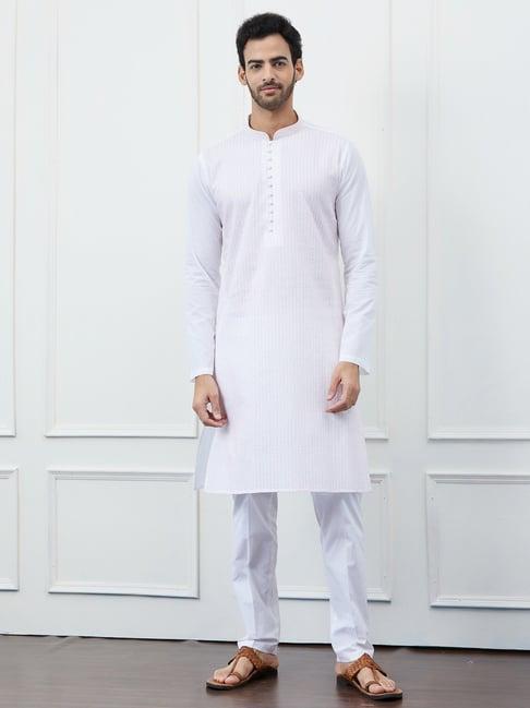 see designs white cotton regular fit embellished kurta