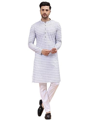 see designs white cotton regular fit embroidered kurta set mandarin collar long sleeves_sdekt126401l