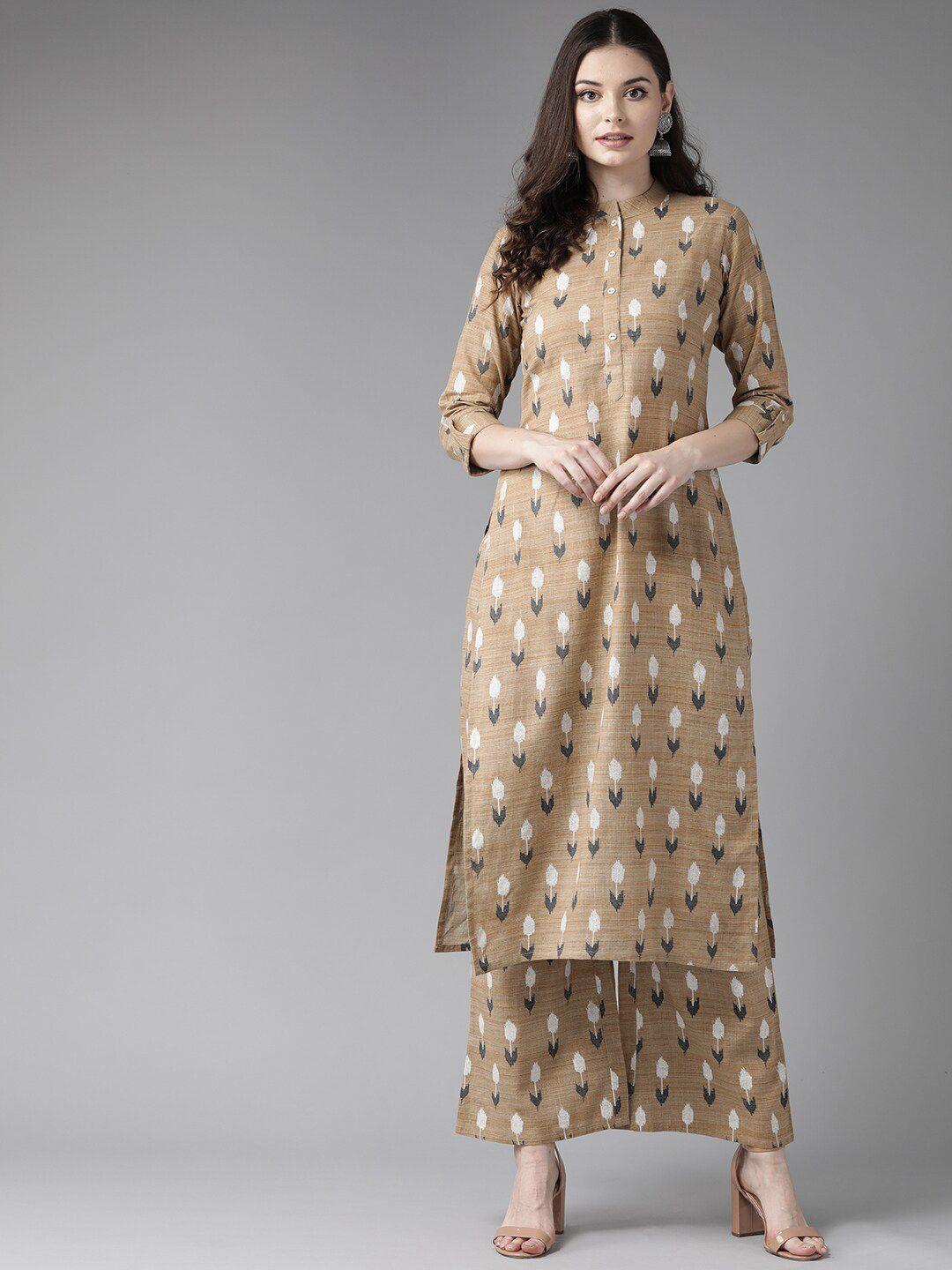 see designs women beige ethnic motifs printed pure cotton kurta with palazzos
