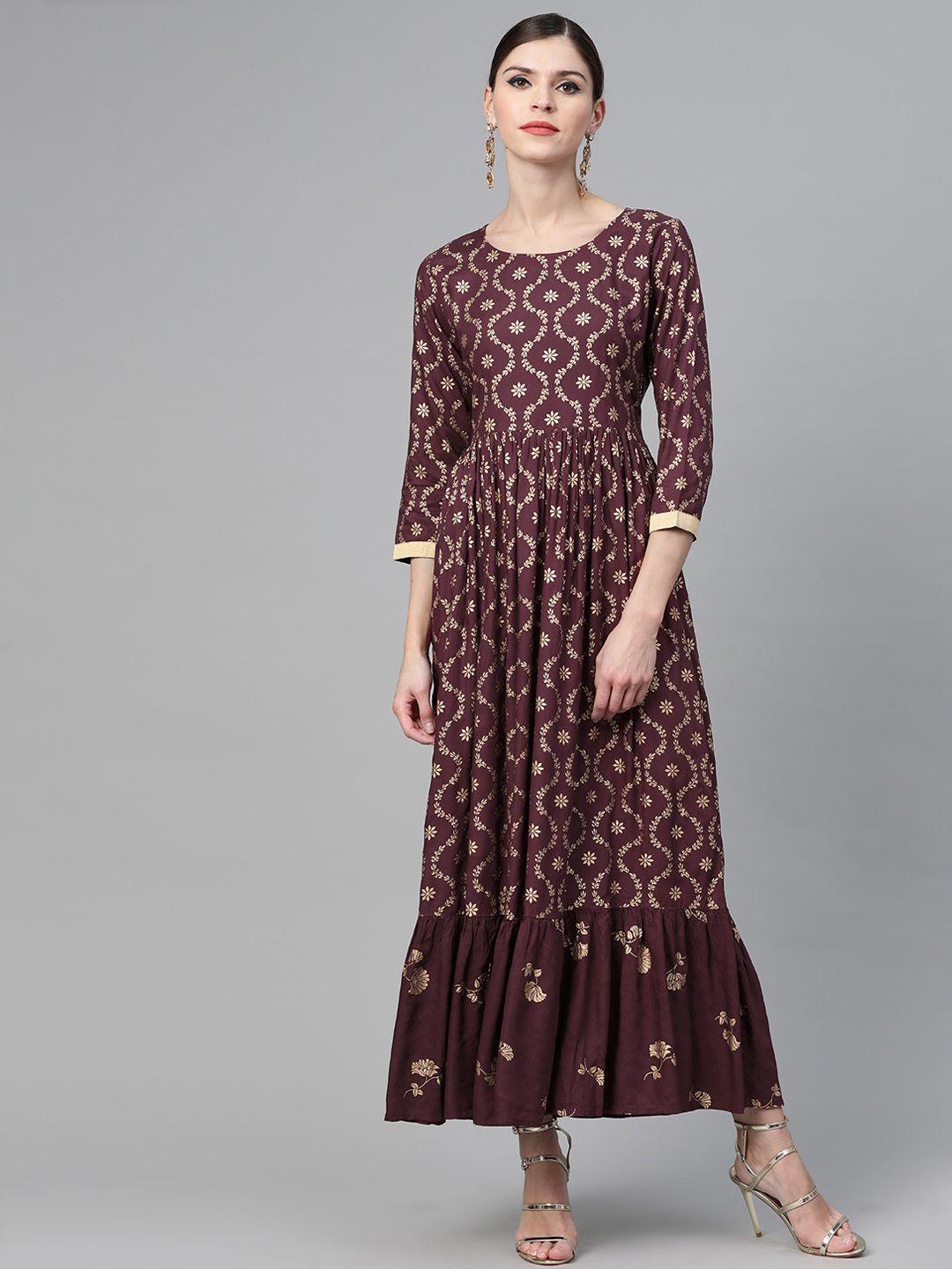see designs women burgundy & golden printed maxi dress