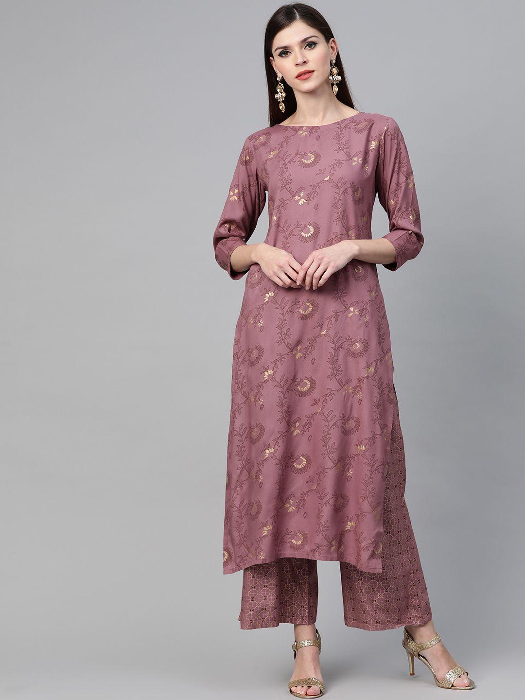 see designs women mauve & golden screen printed kurta with palazzos