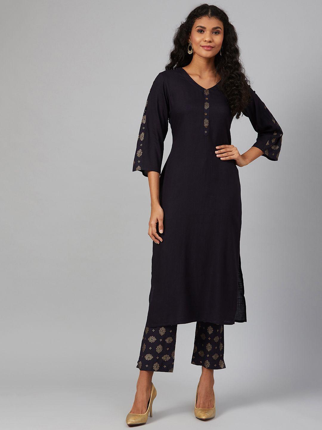 see designs women navy blue & golden solid kurta with printed trousers