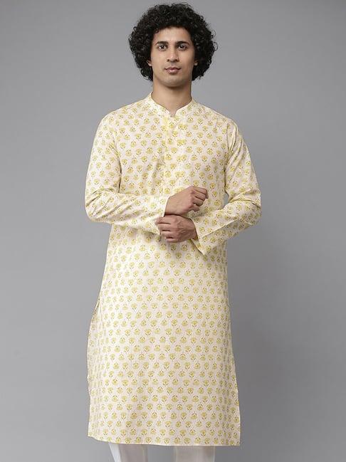 see designs yellow cotton regular fit printed kurta