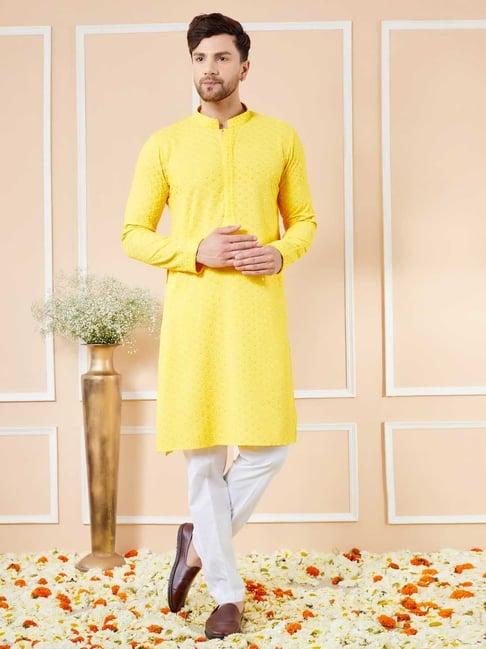 see designs yellow regular fit embellished kurta