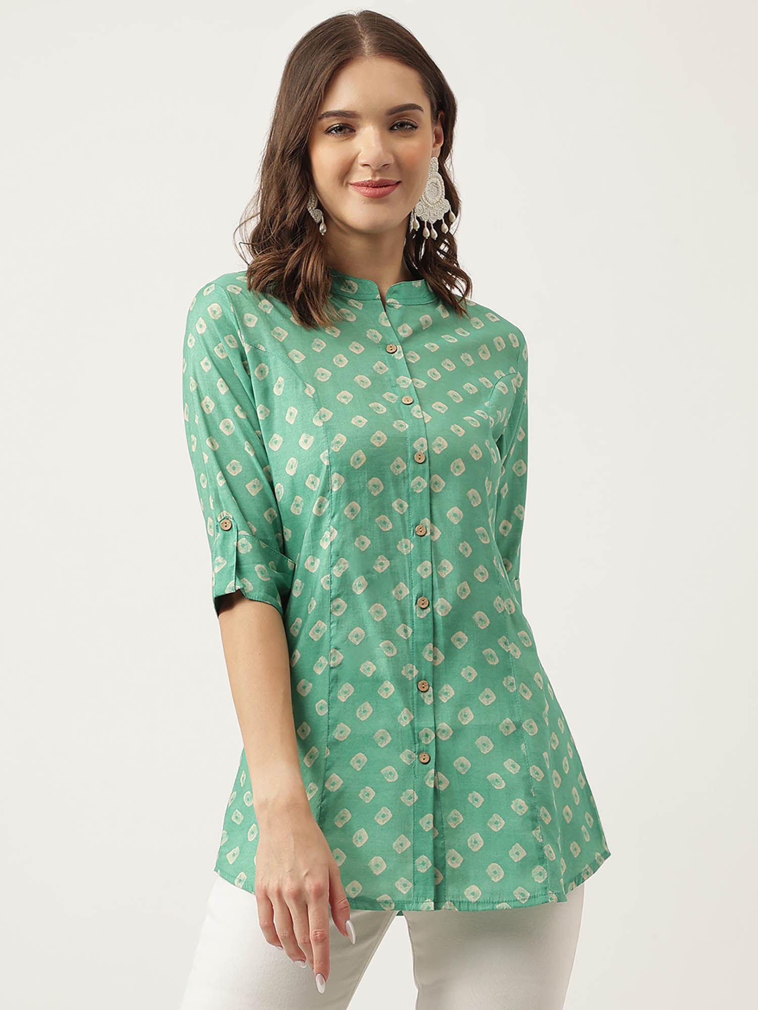 see green bandhani printed muslin fold sleeve top