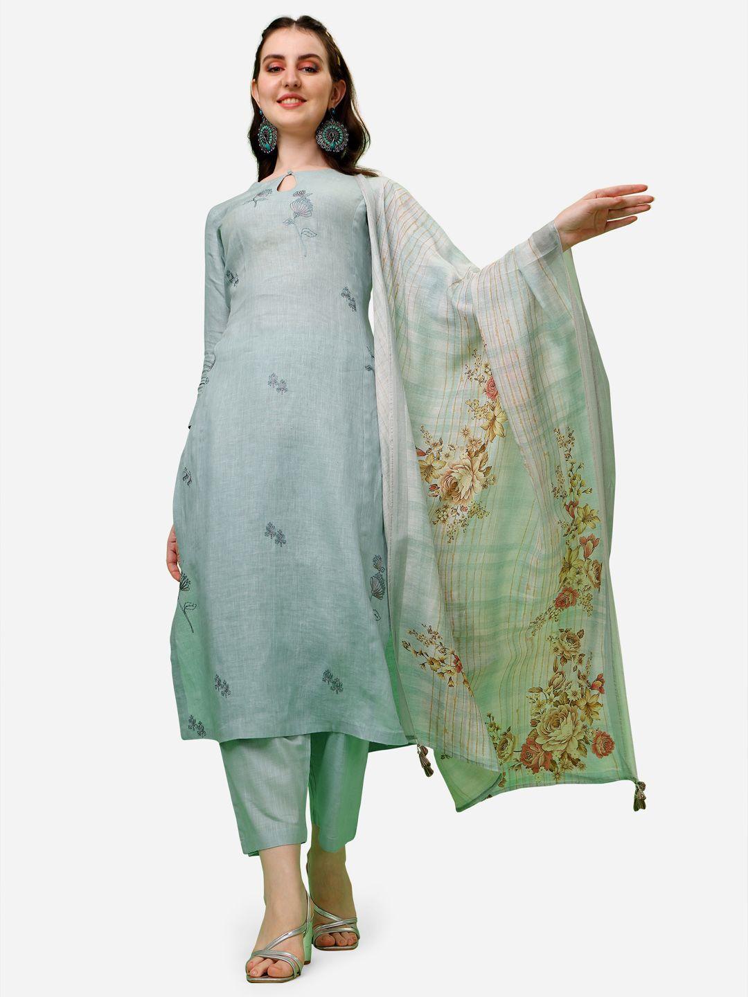 seerat women floral embroidered thread work linen kurta with trousers & dupatta
