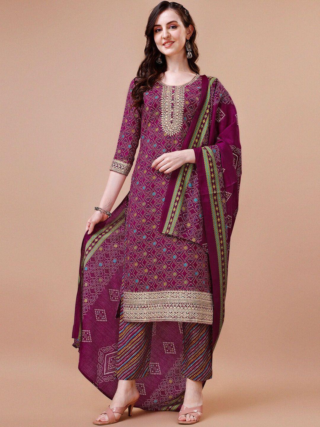 seerat bandhani printed thread work pure cotton kurta with trousers & dupatta