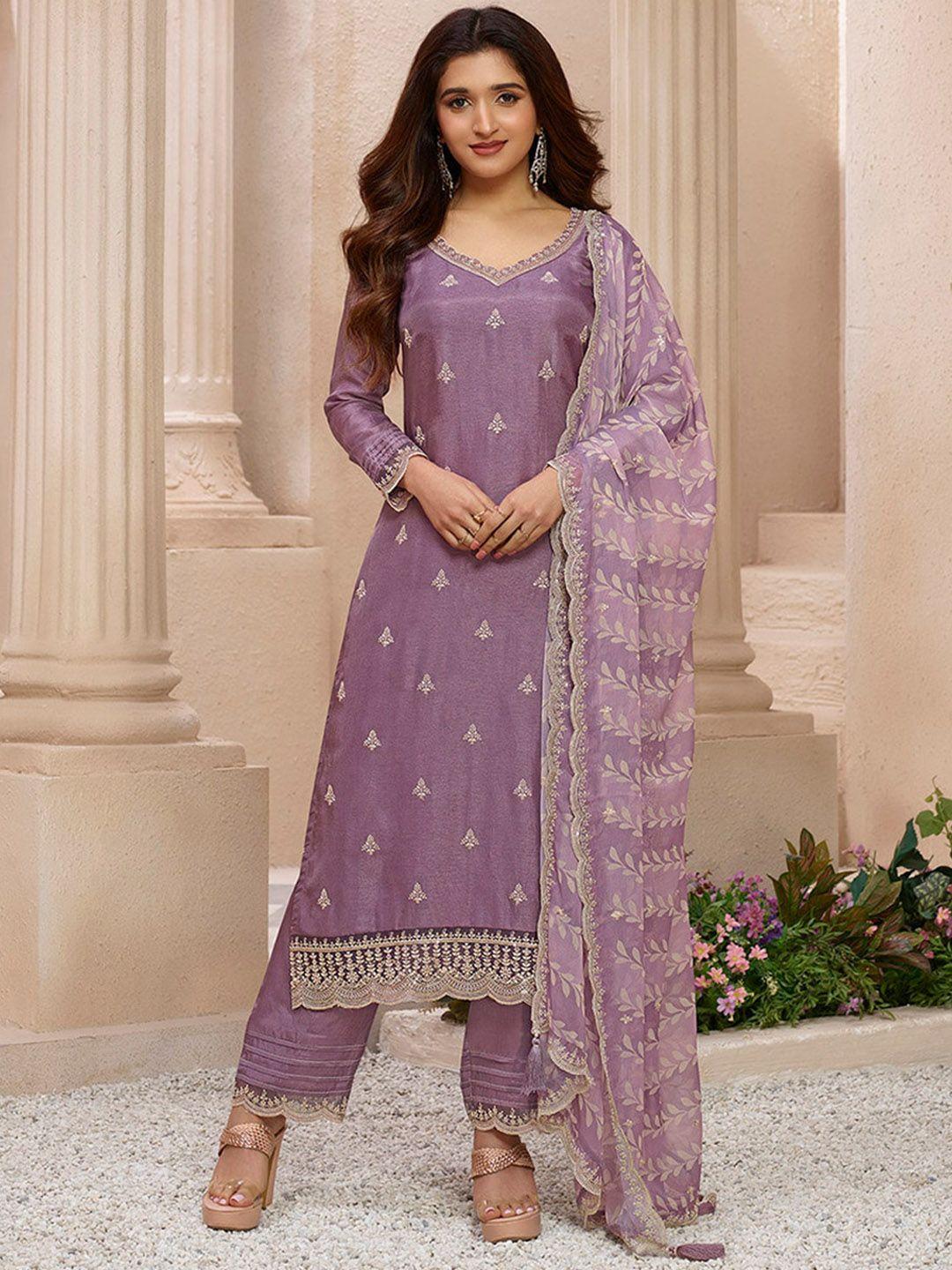 seerat ethnic motifs embroidered regular straight kurta & trousers with dupatta