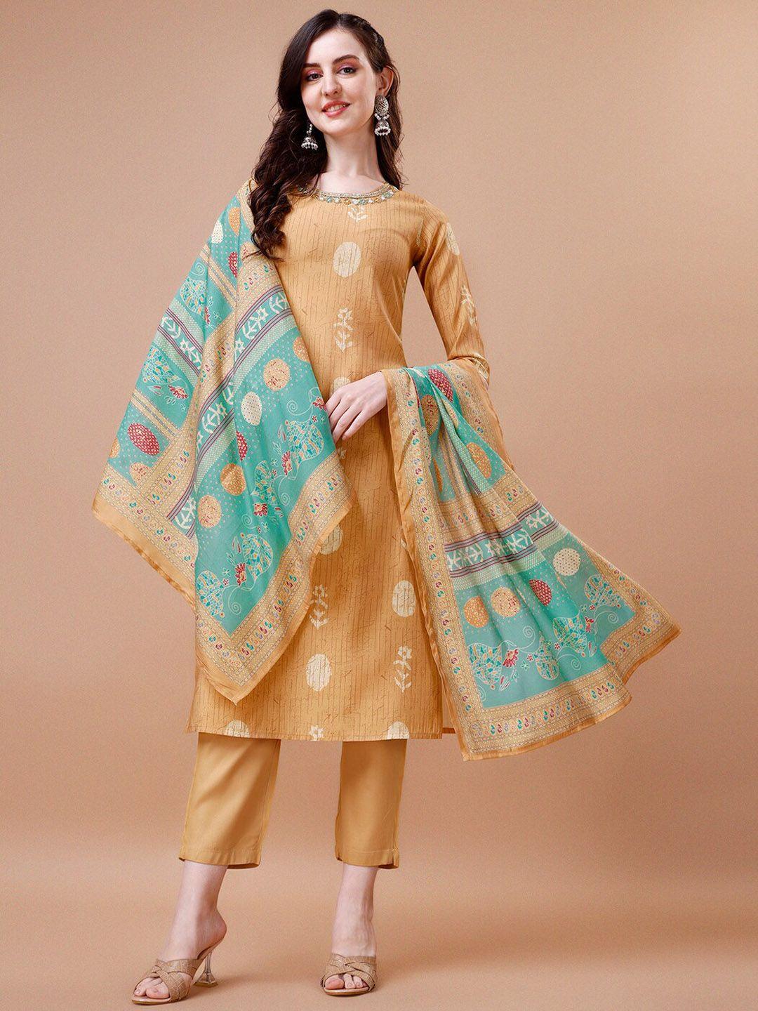 seerat ethnic motifs printed thread work pure cotton straight kurta & trousers & dupatta