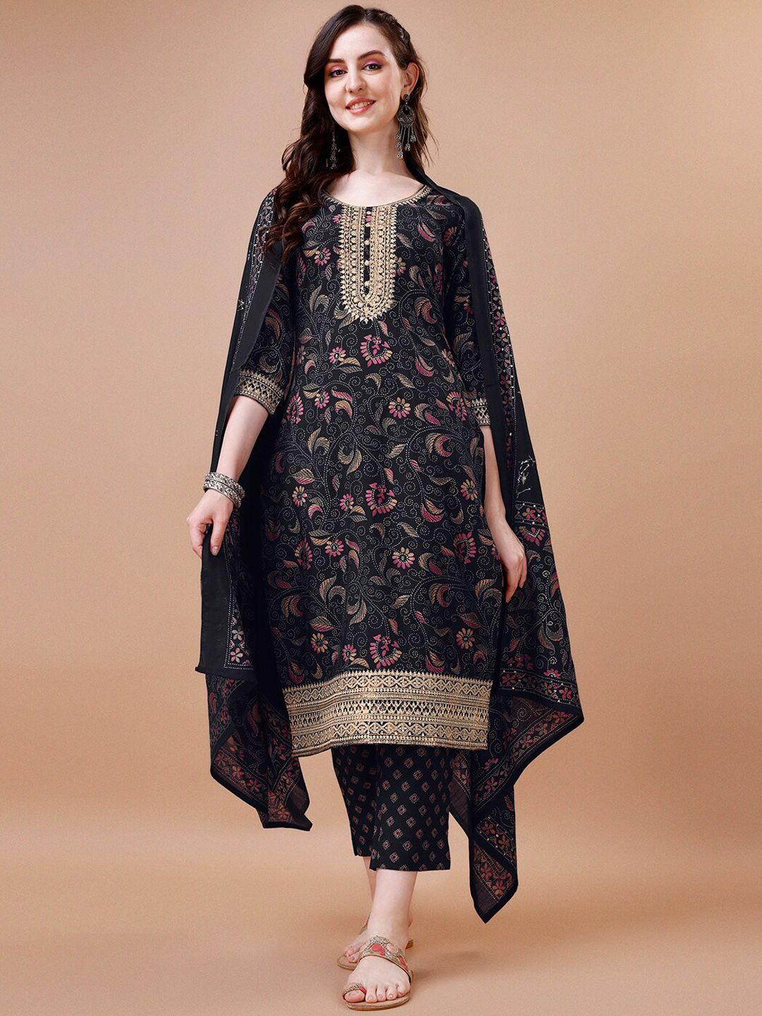 seerat floral printed regular sequinned pure cotton kurta with trousers & dupatta