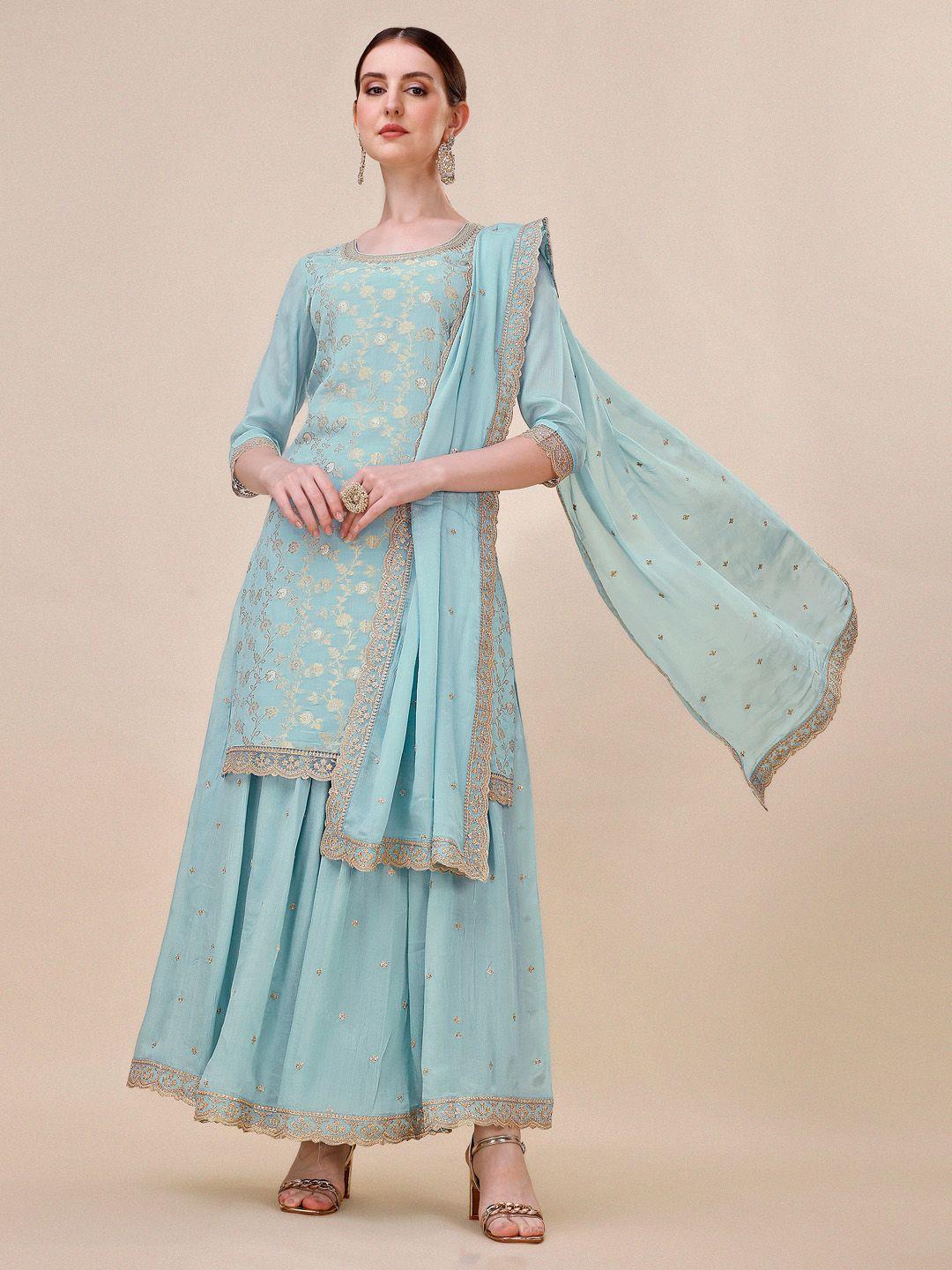 seerat floral printed sequinned straight silk chiffon kurta & sharara with dupatta