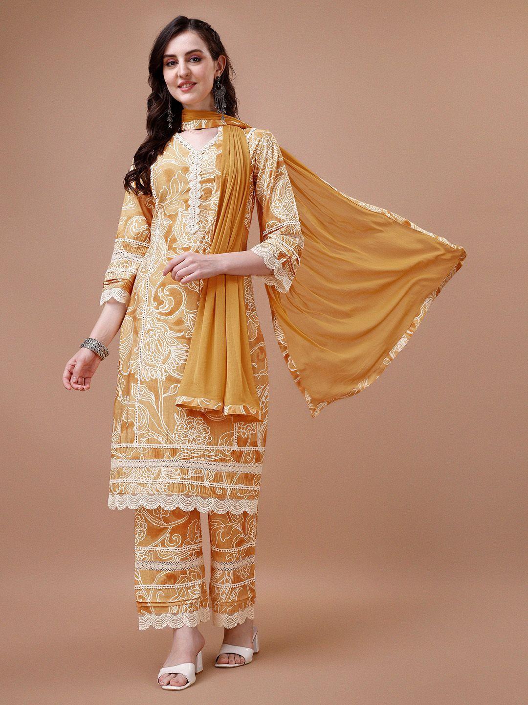 seerat floral printed thread work pure cotton kurta with trousers & dupatta