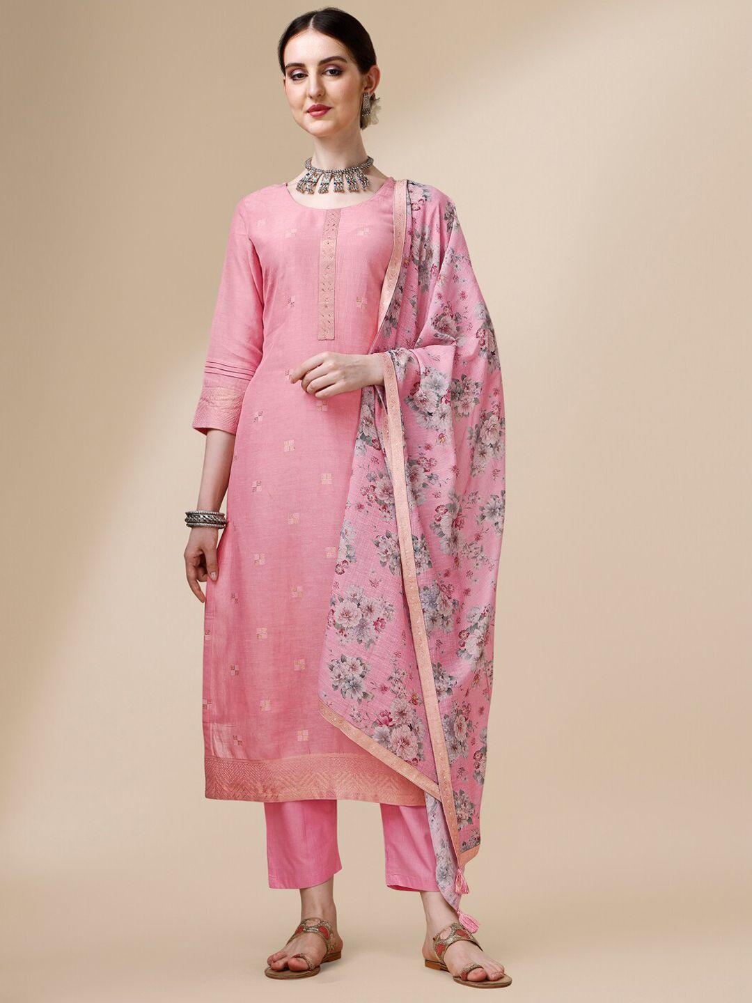 seerat geometric woven design round neck linen straight kurta & trousers with dupatta